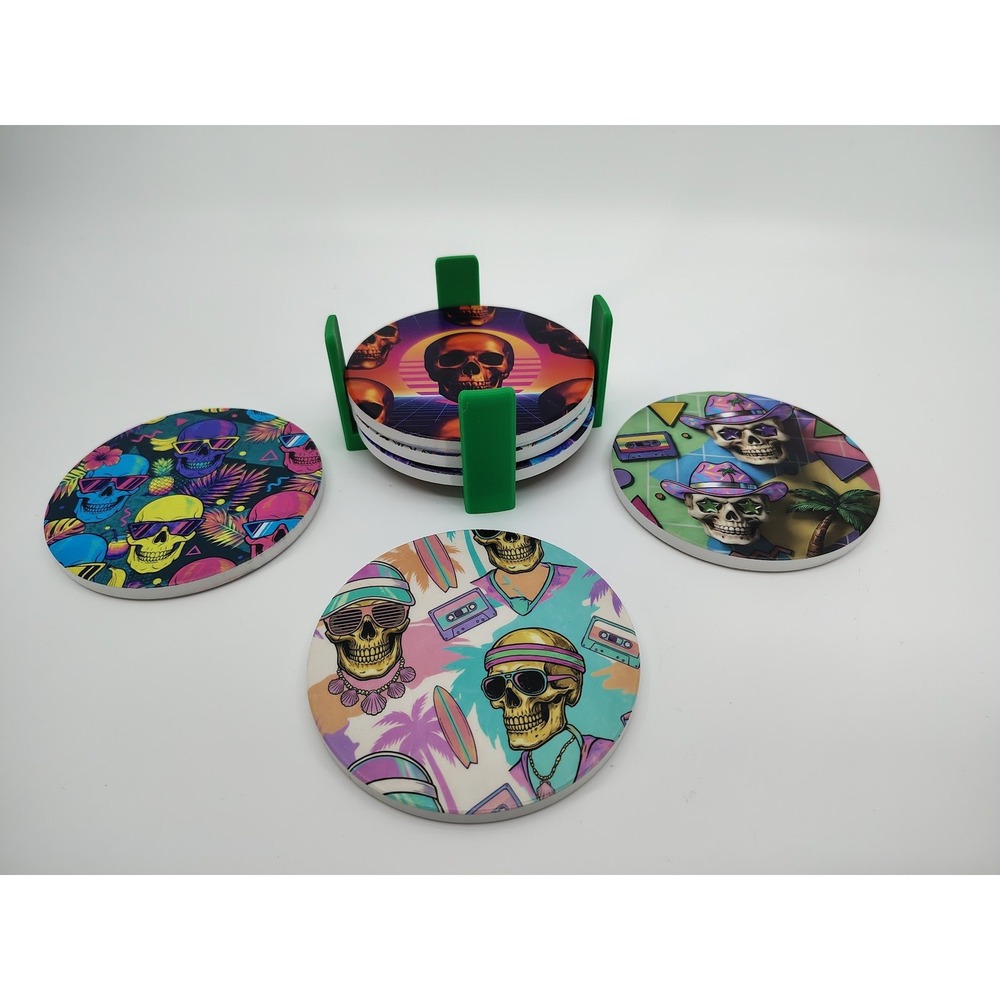 Custom Mainline Coaster 6pc Set 4" Retro 80s 90s Synthwave Skull Vaporwave